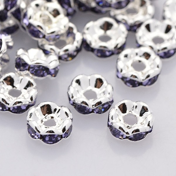 

PandaHall Brass Rhinestone Spacer Beads, Grade A, Wavy Edge, Silver Color Plated, Rondelle, Tanzanite, 6x3mm, Hole: 1mm Brass+Rhinestone..., Purple