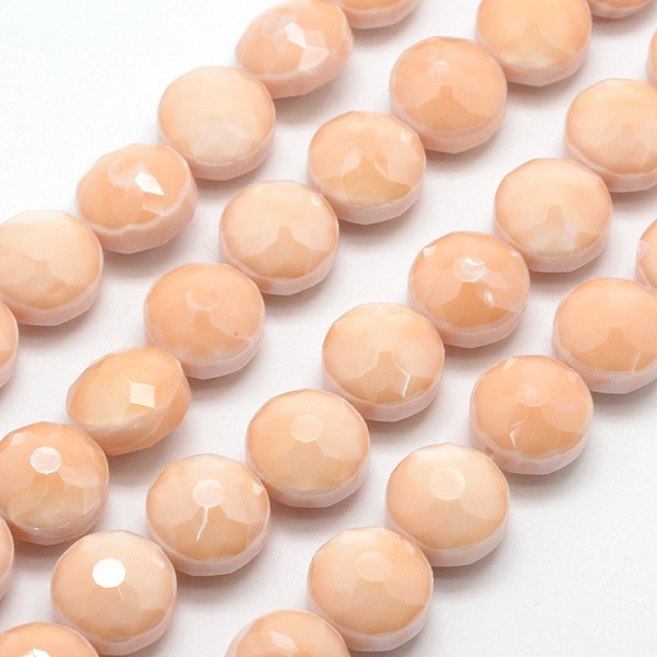 

PandaHall Electroplate Glass Beads Strands, Pearl Luster Plated, Faceted Flat Round, Bisque, 14x10mm, Hole: 1mm, about 22pcs/strand, 11.8..., Orange