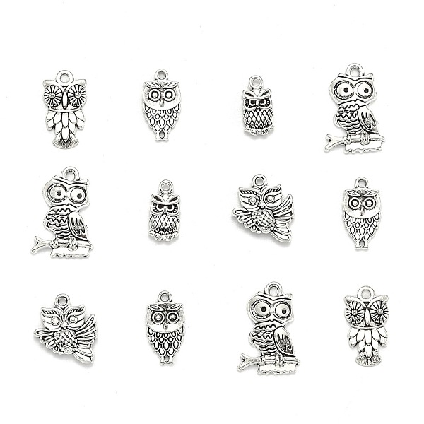 PandaHall Tibetan Style Alloy Pendants, Owl, Mixed Style, Halloween, Antique Silver, 14.5~57x10.5~35.5x2~6mm, Fit for 1.5~4.5mm Rhinestone...