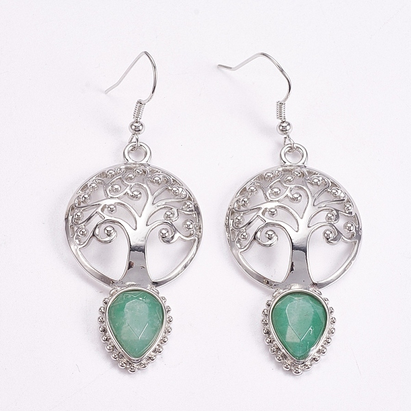 

PandaHall Brass Dangle Earrings, Natural Green Aventurine, Faceted, Hollow Flat Round with Tree of Life and Teardrop, Platinum, 66mm, Pin...