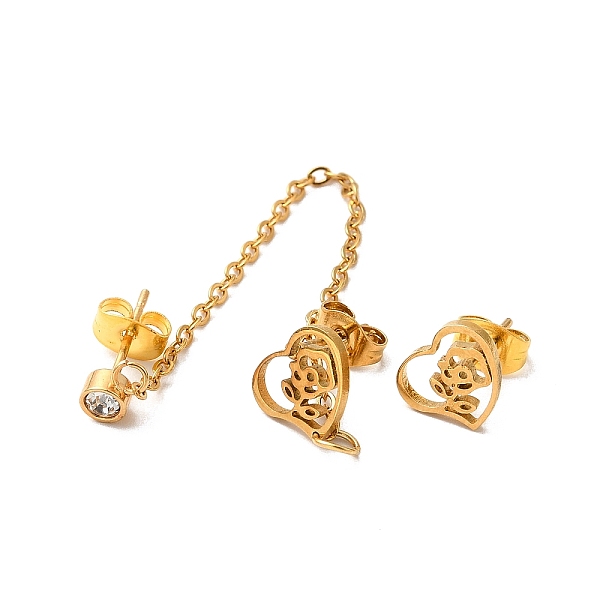 

PandaHall Vacuum Plating 304 Stainless Steel Dangle Chains Stud Earrings, Asymmetrical Earrings for Women, Golden, Heart Pattern, 88mm...