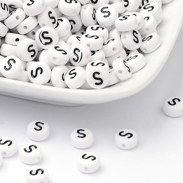 

PandaHall Acrylic Beads, with Horizontal Hole, Letter, Flat Round, Letter.S, 7x4mm, Hole: 1mm, about 146pcs/20g Acrylic Flat Round White