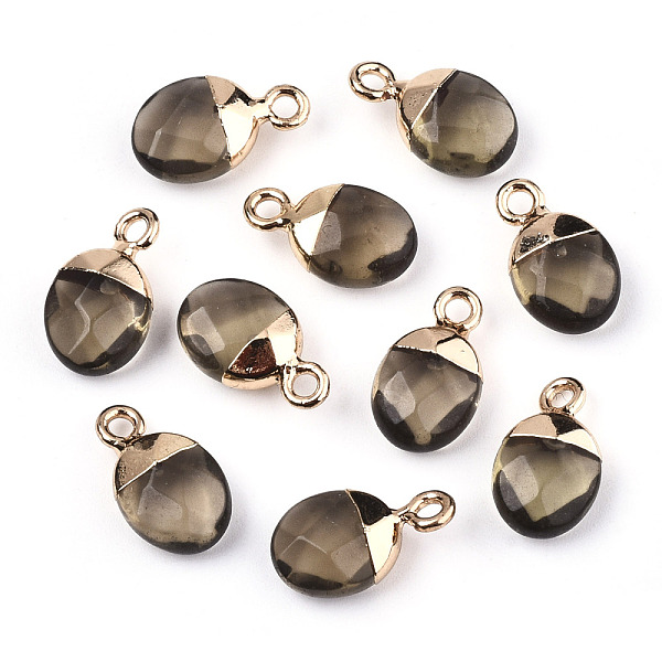 PandaHall Faceted Glass Charms, with Light Gold Plated Iron Loop, Oval, Coffee, 14~15x8x5mm, Hole: 1.8mm Iron+Glass Oval Brown