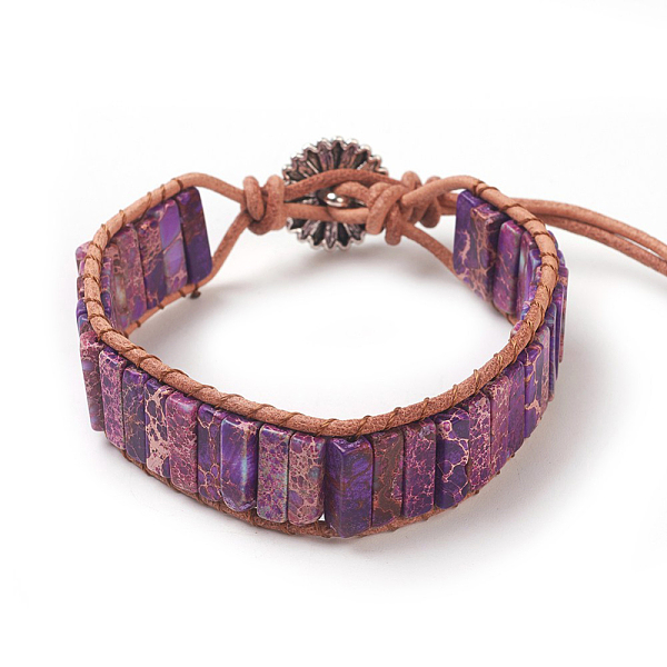 

PandaHall Natural Regalite/Imperial Jasper/Sea Sediment Jasper Cord Beaded Bracelets, with Leather Cord and Alloy Clasps, Dyed, Flower..., Purple