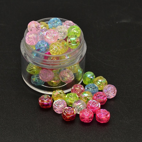 PandaHall AB Color Plated Flower Electroplated Eco-Friendly Transparent Acrylic Beads, Mixed Color, 8x7mm, Hole: 1mm, about 2000pcs/500g...