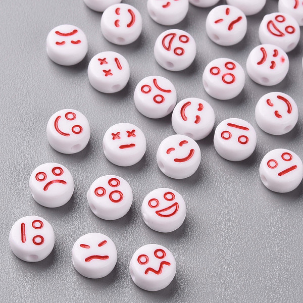 

PandaHall White Opaque Acrylic Beads, Flat Round with Expression, FireBrick, 7x4mm, Hole: 1.6mm, about 3650pcs/500g Acrylic Flat Round Red