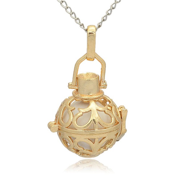 

PandaHall Golden Tone Brass Hollow Round Cage Pendants, with No Hole Spray Painted Brass Round Beads, White, 33x24x21mm, Hole: 3x8mm Brass...