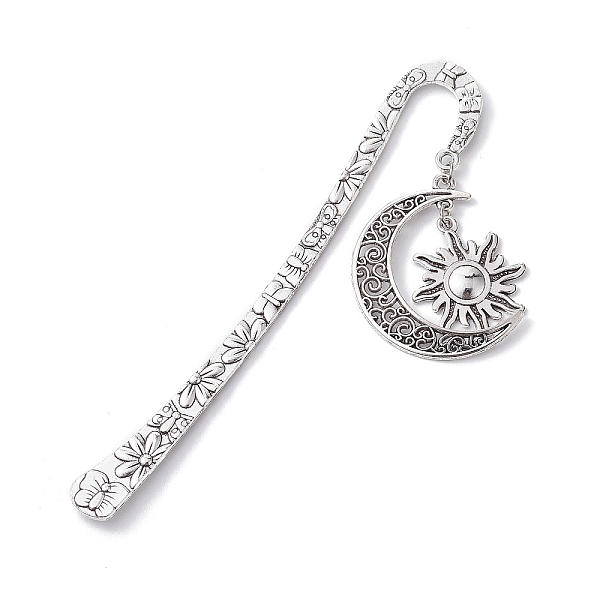 

PandaHall Tibetan Style Alloy Moon & Sun Pendant Bookmarks, Flower Pattern Hook Bookmarks, Antique Silver, 124mm Alloy Moon