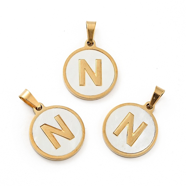

PandaHall Vacuum Plating 304 Stainless Steel with White Shell Pendants, Golden, Flat Round with Letter Charm, Letter.N, 18x16x1.5mm, Hole...
