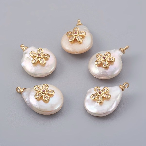 

PandaHall Natural Cultured Freshwater Pearl Pendants, with Cubic Zirconia and Brass Findings, Long-Lasting Plated, Real 18K Gold Plated..., Clear