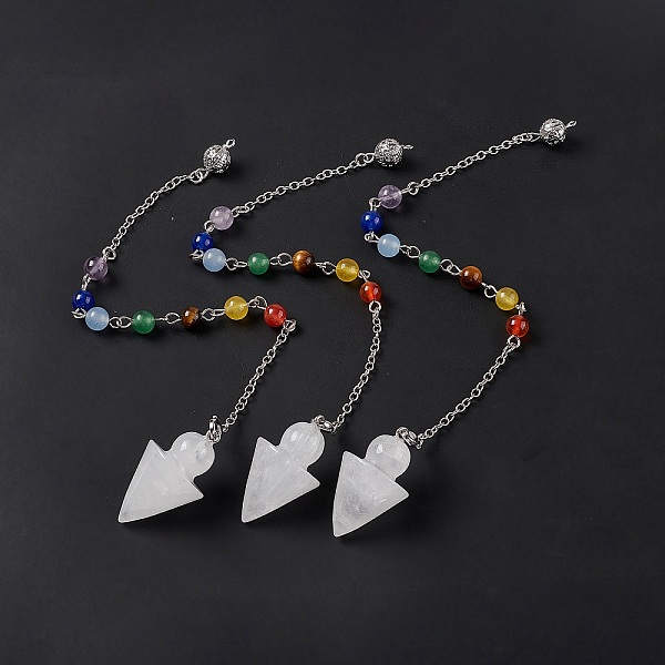 

PandaHall Natural Quartz Crystal Cone Dowsing Pendulum Pendants, with Chakra Gemstone Round Beads, Rack Plating Platinum Tone Brass Findings...