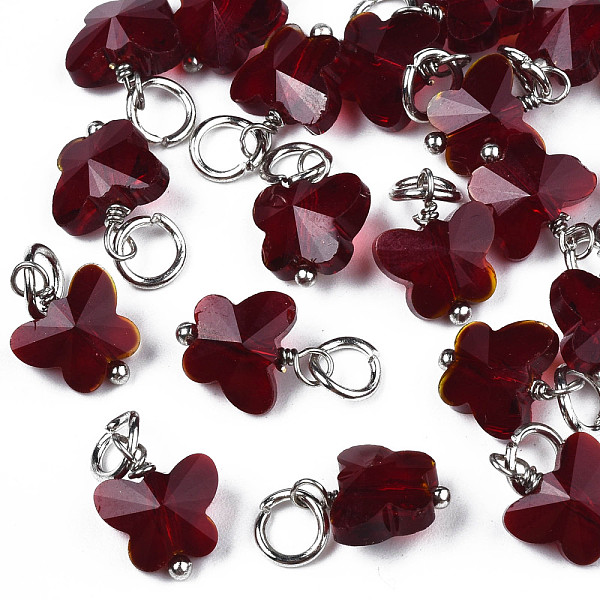 

PandaHall Faceted Transparent Glass Charms, with Iron Jump Ring, Butterfly, Dark Red, 13~14x9.8x6mm, Hole: 4mm Iron+Glass Butterfly
