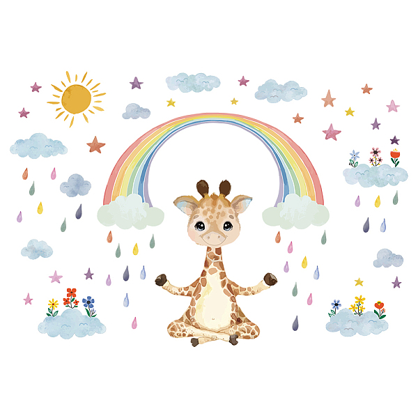 PandaHall SUPERDANT Colorful Rainbow Wall Decals Raindrops Wall Sticker Sun Animals Giraffe Clouds Wall Art Flowers and Star Removable PVC...