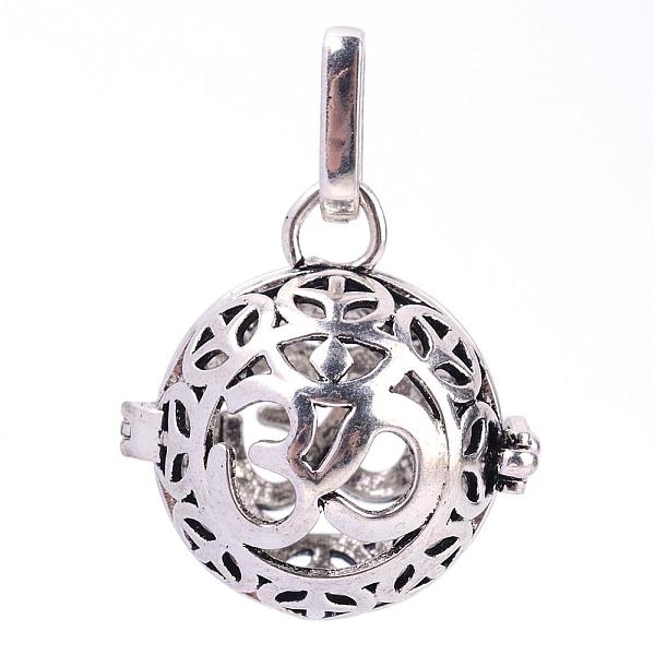 

PandaHall Rack Plating Brass Cage Pendants, For Chime Ball Pendant Necklaces Making, Hollow Round with Om Symbol, Antique Silver...