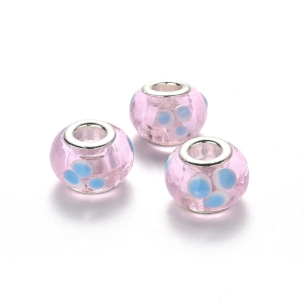 

PandaHall Handmade Lampwork European Beads, Large Hole Beads, with Platinum Tone Brass Double Cores, Rondelle with Dot Pattern, Light Sky...