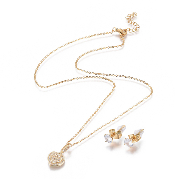 

PandaHall 304 Stainless Steel Jewelry Sets, Brass Micro Pave Cubic Zirconia Pendant Necklaces and 304 Stainless Stud Earrings, with Plastic..., Clear