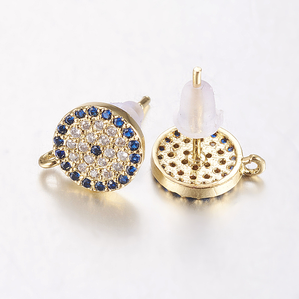 

PandaHall Brass Micro Pave Cubic Zirconia Stud Earring Findings, with Loop, Lead Free & Cadmium Free, Flat Round, Blue, Golden, 11x9x2mm...
