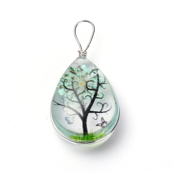 

PandaHall Transparent Glass Pendants, with Dride Flower inside and Zinc Alloy Finding, Teardrop, Platinum, Aquamarine, 35.5x18x9mm, Hole..., Green