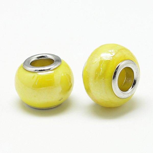 

PandaHall Handmade Lampwork European Beads, with Brass Double Cores, Large Hole Beads, Rondelle, Platinum, Yellow, 13~14x10~11mm, Hole: 5mm...