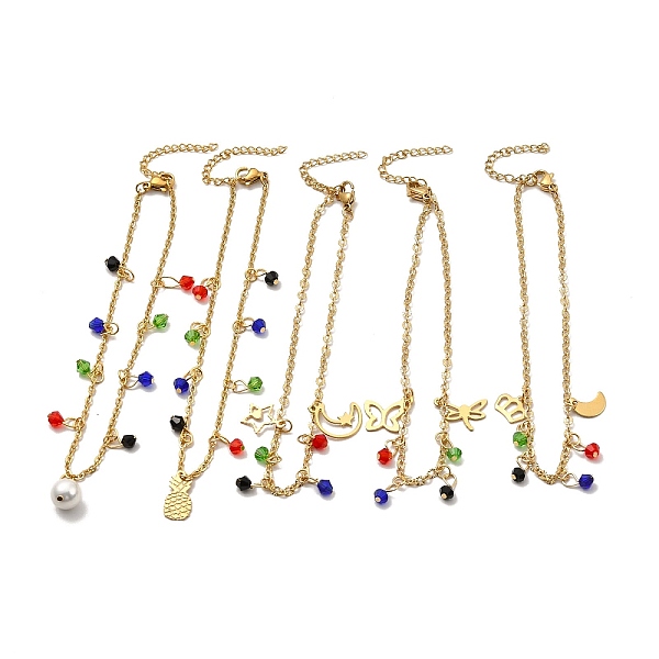 

PandaHall Colorful Glass Beads & 304 Stainless Steel Charm Anklet with Cable Chains for Women, Golden, Mixed Patterns, Pendant...