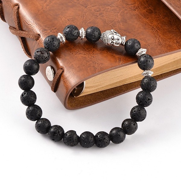 

PandaHall Trendy Natural Lava Rock Beaded Stretch Bracelets, with Tibetan Style Antique Silver Alloy Findings, 57mm Lava Rock