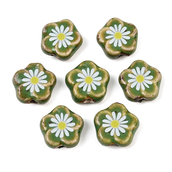 Glaze Daisy Flower Printed Porcelain Beads