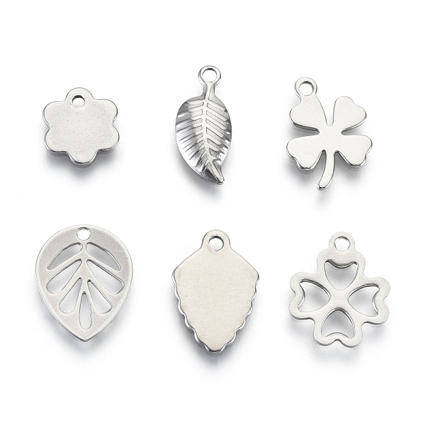 

PandaHall 201 Stainless Steel Charms, Laser Cut, Leaf & Clover, Stainless Steel Color, 9~14x6~11x0.5~1mm, Hole: 0.8~1.4mm, 6 patterns, 1...