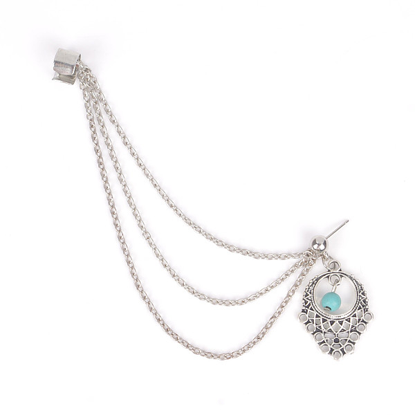 

PandaHall Retro Water Teardrop Turquoise and Twisted Chains Alloy Cuff Earrings, Antique Silver, 160mm Synthetic Turquoise