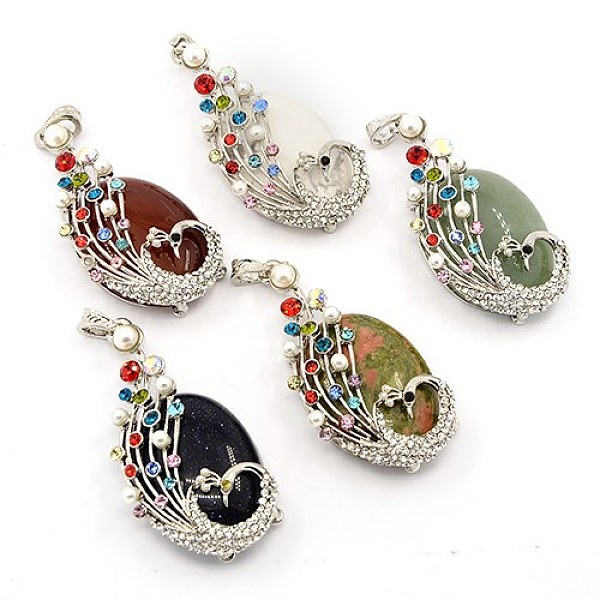 PandaHall Multi-Color Alloy Rhinestone Peacock Setting with Oval Gemstone Big Pendants, Platinum Metal Color, Natural & Synthetic Mixed...