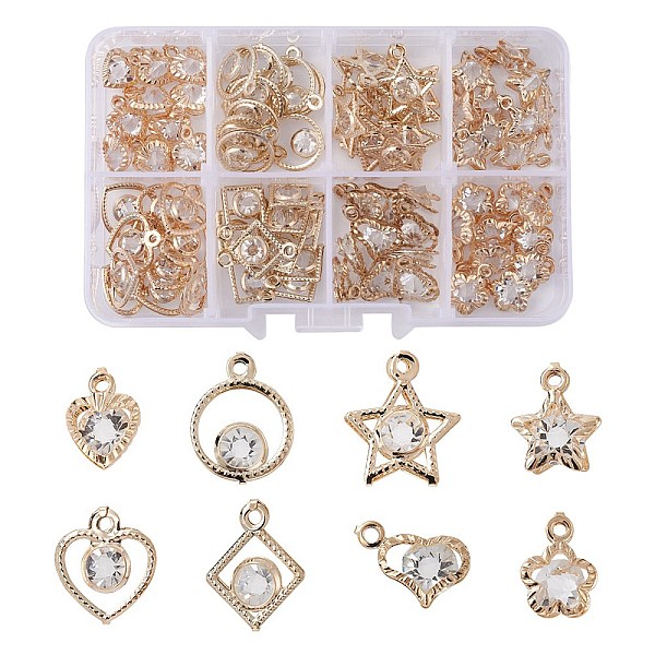 

PandaHall 80Pcs 8 Styles Rack Plating Eco-Friendly Iron Pendants, with Crystal Rhinestone, Ring & Star & Heart & Flower & Rhombus Charms...