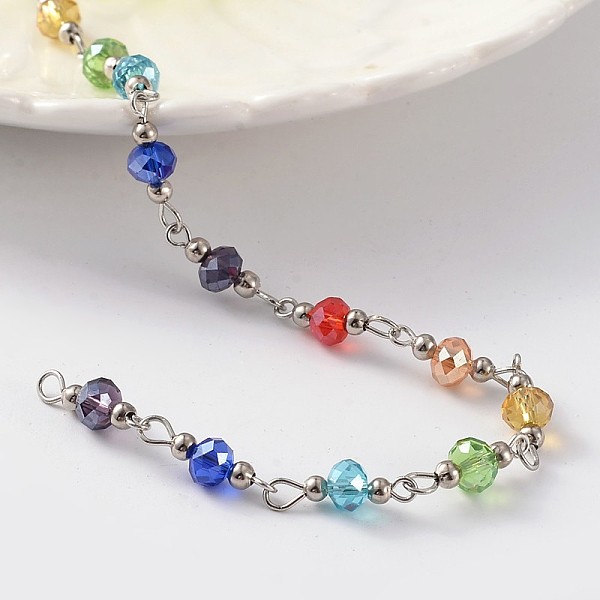 

PandaHall Brass Handmade Glass Beaded Chains, Unwelded, with Iron Beads, For Necklaces Bracelets Making, Platinum, 39.3 inch Brass+Glass