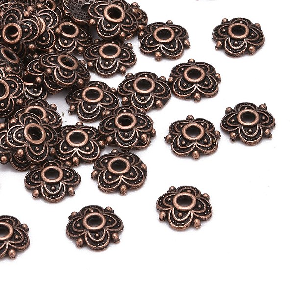 

PandaHall 4-Petal Tibetan Style Alloy Flower Bead Caps, Cadmium Free & Nickel Free & Lead Free, Red Copper, 8x8x2mm, Hole: 2mm Alloy