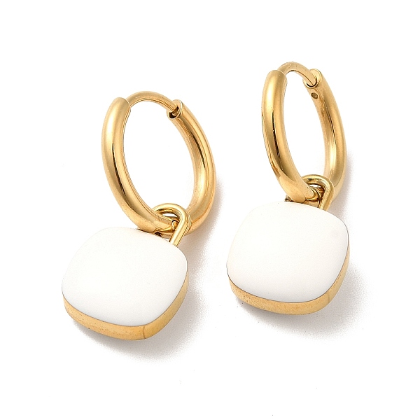PandaHall Enamel Square Padlock Dangle Hoop Earrings, Golden 304 Stainless Steel Jewelry for Women, White, 24mm, Pin: 1mm 304 Stainless...