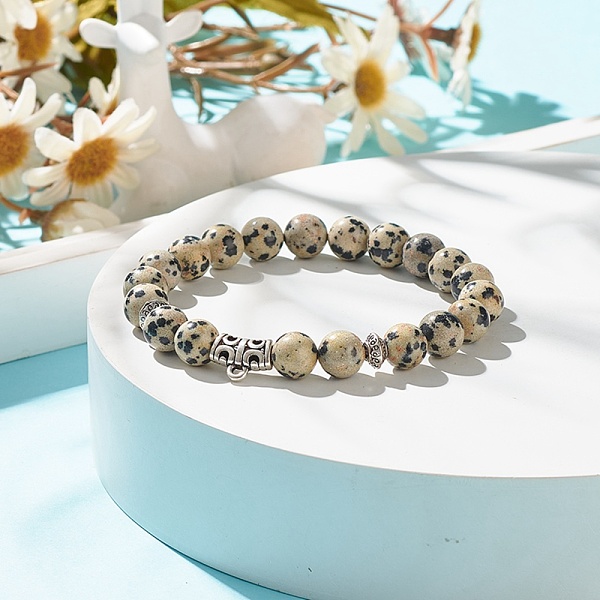 

PandaHall Natural Dalmatian Jasper Stretch Bracelet with Alloy Beads, Gemstone Jewelry for Women, Inner Diameter: 2-1/4 inch(5.7cm)...
