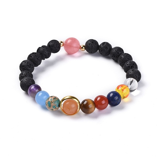 

PandaHall Universe Galaxy The Nine Planets Guardian Star, Natural Lava Rock and Natural Mixed Gemstone Beaded Stretch Bracelets, with Brass...