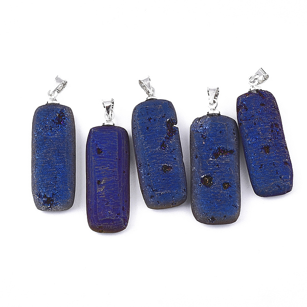 

PandaHall Electroplate Natural Druzy Geode Agate Pendants, with Brass Findings, Rectangle, Platinum, Blue, 33~34x11~12x5~6mm, Hole: 4.5x4mm...