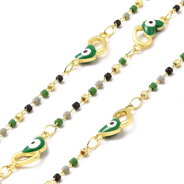 

PandaHall Handmade Brass Enamel Heart with Evil Eye Link Chain, with Glass Beads, Soldered, with Spool, Cadmium Free & Lead Free, Real 18K..., Green