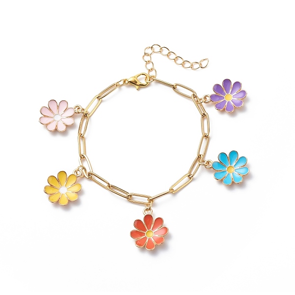 

PandaHall Alloy Enamel Flower Charm Bracelet with Paperclip Chains, Gold Plated 304 Stainless Steel Jewelry for Women, Colorful, 6-7/8 inch...