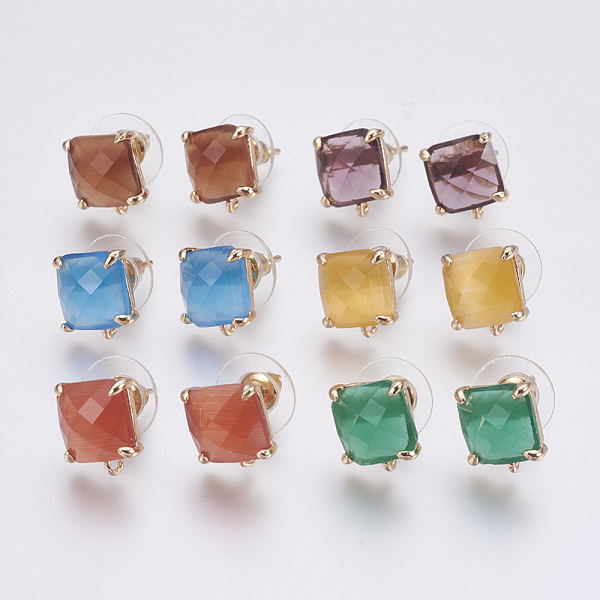 

PandaHall Faceted Glass Stud Earring Findings, with Loop, Light Gold Plated Brass Findings, Square, Mixed Color, 11x10x5mm, Hole: 1mm, Pin..., Multicolor