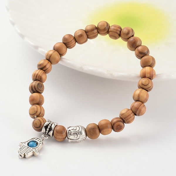 

PandaHall Wood Beaded Stretch Bracelets, with Natural Gemstone Beads and Alloy Findings, Buddha and Hamsa Hand/Hand of Fatima/Hand of Miriam...