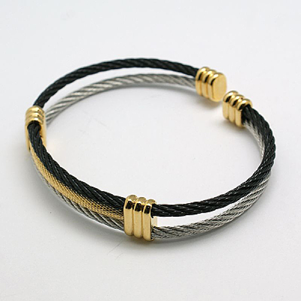 

PandaHall 304 Stainless Steel Cuff Bangle, with Brass Heads Findings, Gunmetal & Golden, 63mm 304 Stainless Steel