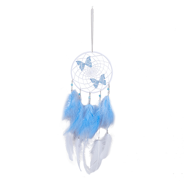 

PandaHall SUPERFINDINGS Woven Net/Web with Feather & Butterfly Pendant Decorations, Cotton Wrapped Iron Hanging Ornament, Sky Blue, 660mm...