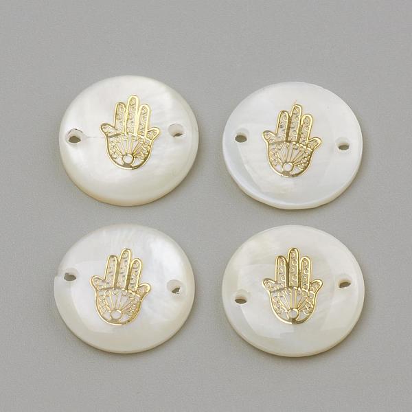 

PandaHall Freshwater Shell Links connectors, Flat Round & Hamsa Hand/Hand of Fatima/Hand of Miriam, Golden, 16x4mm, Hole: 1.1~1.5mm Shell...