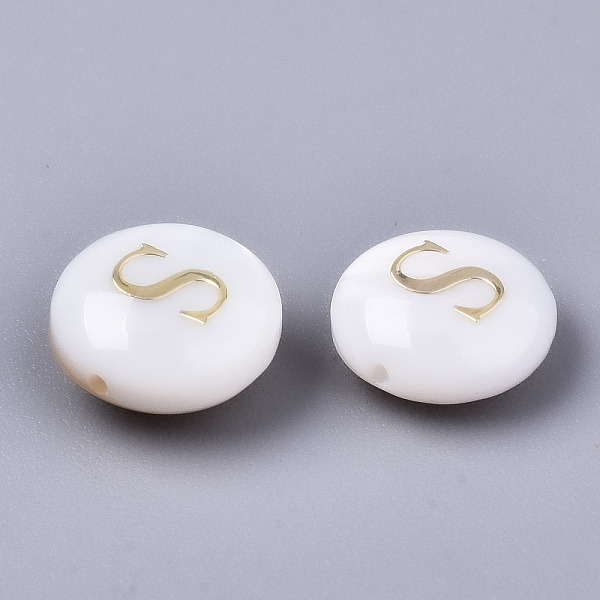 

PandaHall Natural Freshwater Shell Beads, with Golden Plated Brass Etched Metal Embellishments, Flat Round, Seashell Color, Letter.S...