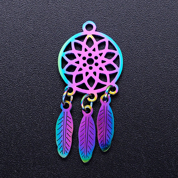 

PandaHall Ion Plating(IP) 304 Stainless Steel Pendants, Woven Net/Web with Feather, Rainbow Color, 32x14x1mm, Hole: 1.5mm 304 Stainless...