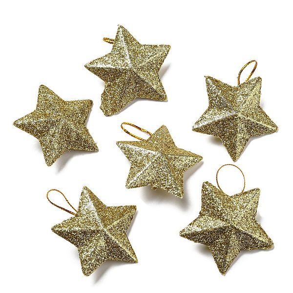 

PandaHall Plastic Glitter Star Pendant Decorations, Silk Ribbon Christmas Tree Hanging Decoration, Gold, 43x46x16.5mm Plastic Star Gold