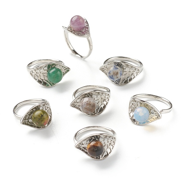 

PandaHall Adjustable Natural & Synthetic Gemstone Cuff Rings, Open Rings, with Platinum Tone Brass Findings, Leaf, US Size 7 1/4(17.5mm)...