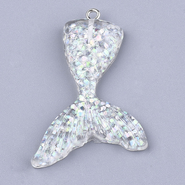 PandaHall Resin Pendants, with Glitter Powder and Iron Findings, Mermaid Tail Shape, Platinum, Clear, 46x30x6mm, Hole: 2mm Iron+Resin Fish...