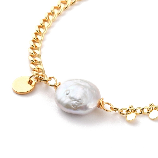 

PandaHall Natural Baroque Pearl Keshi Pearl Link Bracelets, with Brass Curb Chains, 304 Stainless Steel Lobster Claw Clasps and Flat Round..., White