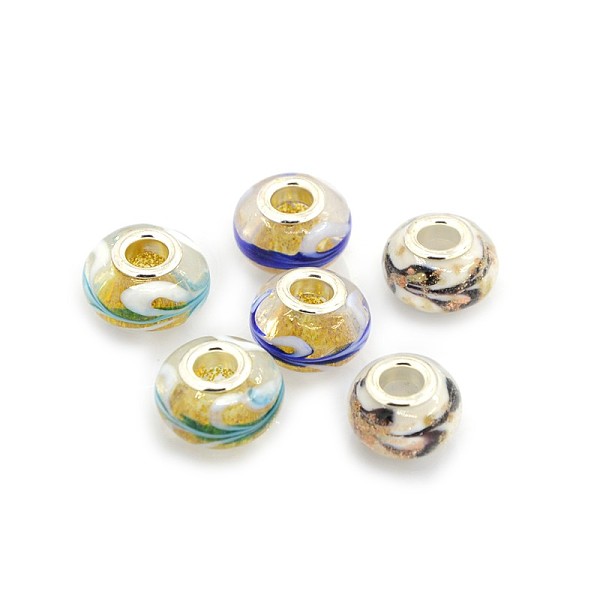 

PandaHall Handmade Gold Sand Lampwork European Large Hole Rondelle Beads, with Silver Color Plated Brass Double Cores, Mixed Color, 15x10mm..., Multicolor